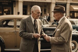 Un vieux gentleman en costume vintage négocie avec un acheteur potentiel autour d'une voiture classique et délavée, éclairée par un soleil d'après-midi doré en sepia, en 4K.