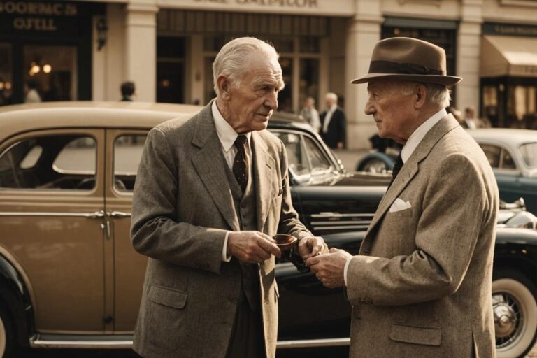 Un vieux gentleman en costume vintage négocie avec un acheteur potentiel autour d'une voiture classique et délavée, éclairée par un soleil d'après-midi doré en sepia, en 4K.