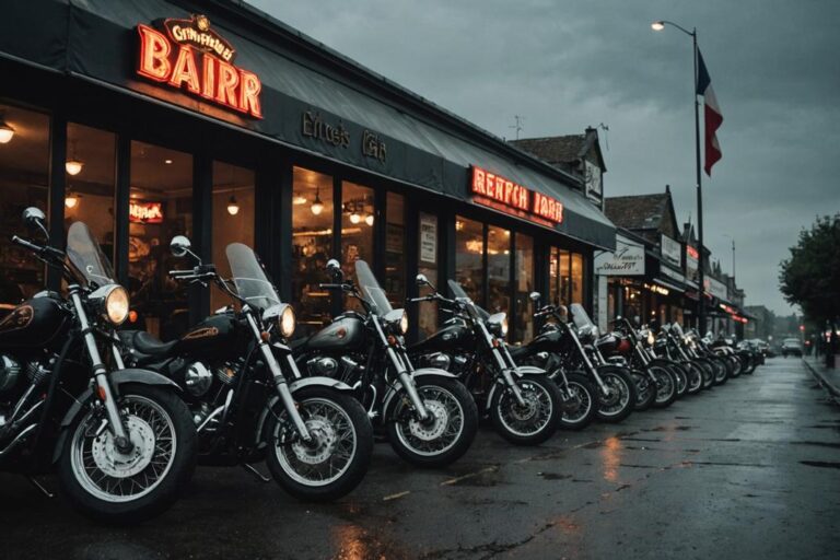 Image en contraste élevé d'une rangée de motos brillantes devant un bar brut avec des motards en cuir menaçants sous un ciel gris sombre d'une soirée typiquement française.