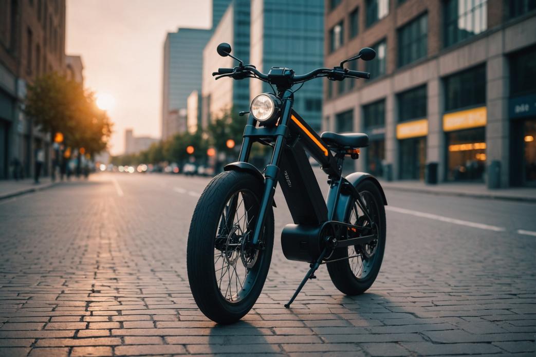 Un vélo électrique ultra-moderne et élégant reposant dans un paysage urbain désolé, symbolisant sa nature autonome, avec des couleurs vibrantes et un soupçon de futurisme rétro, mise au point nette et éclairage ambiant.