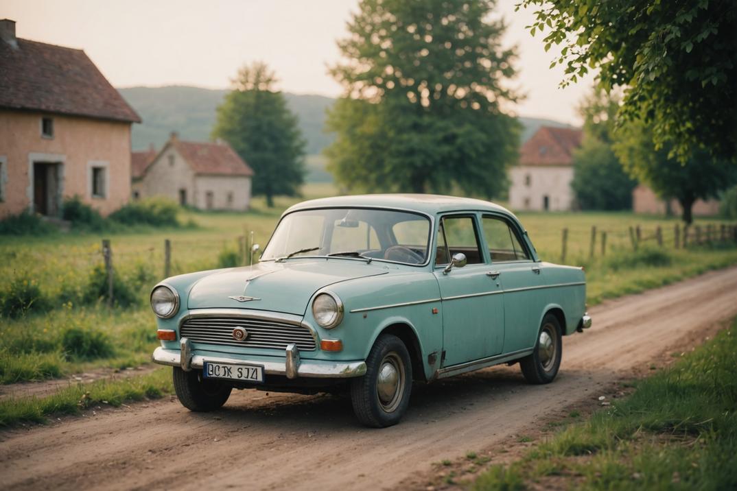 Photographie vintage d'une petite voiture sans permis dans un cadre campagnard rustique avec des couleurs pastel en arrière-plan, apparence mate, éclairage d'après-midi.