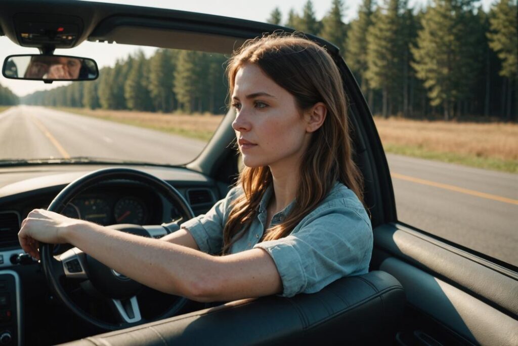 Jeune femme assise au volant d'une voiture, regardant pensivement une route ouverte vide, la lumière douce du matin filtre à travers le pare-brise.