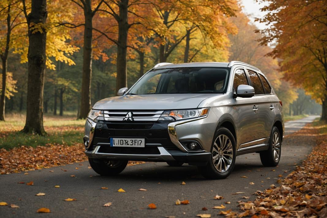 Image photoréaliste d'une Mitsubishi Outlander 2.2 DI-D stationnée sur une route de campagne en automne avec un mécanicien inspectant le moteur.