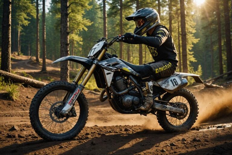 Image photoréaliste d'une moto de motocross garée sur un sentier boueux en forêt, avec un casque reposant sur le guidon au coucher du soleil.