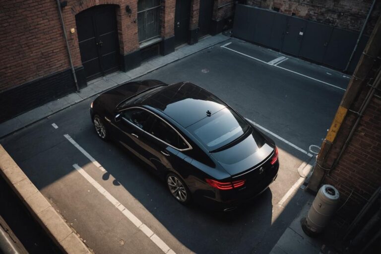 Vue d'en haut d'une voiture noire stationnée dans une ruelle urbaine, sous un éclairage doux et doré de la tombée du jour, avec une caméra anti-vandalisme à 360 degrés montée sur le toit.