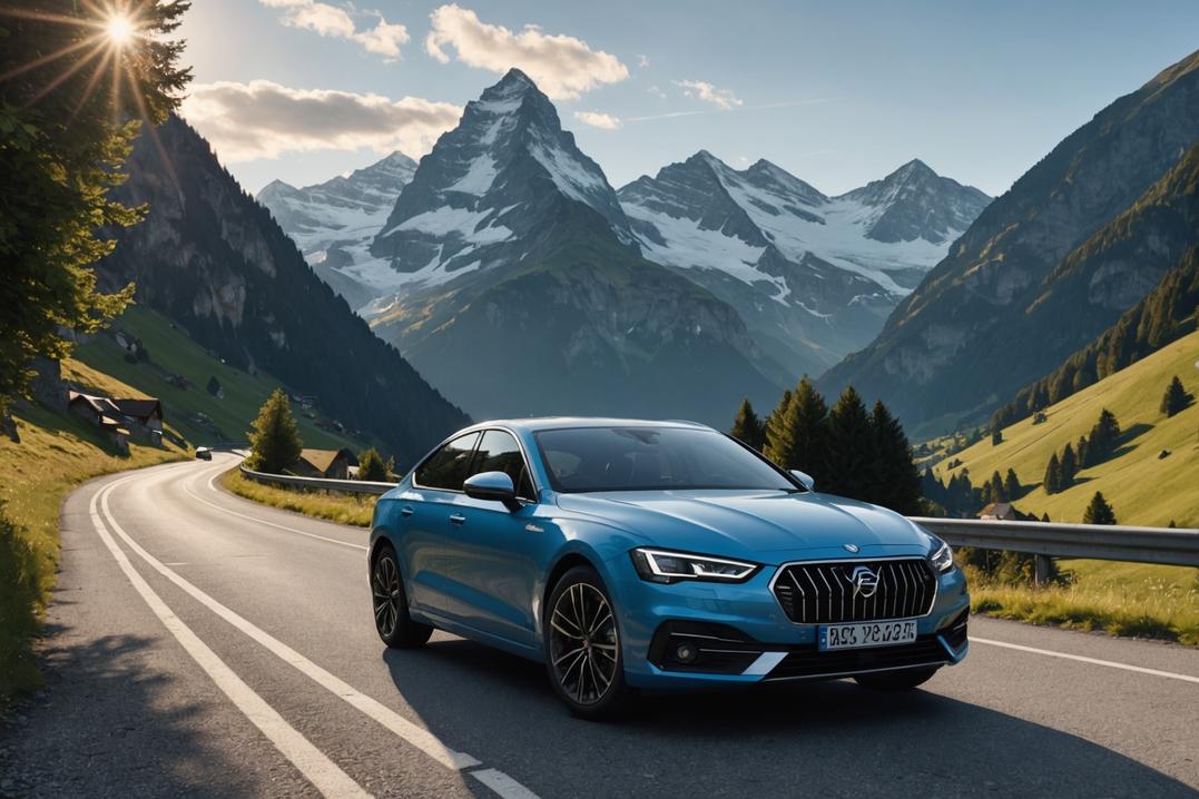 Image photoréaliste d'une voiture moderne suisse garée sur une route alpine paisible avec un mots croisés ouvert sur le tableau de bord, et des sommets montagneux triangulaires se reflétant dans le pare-brise de la voiture.