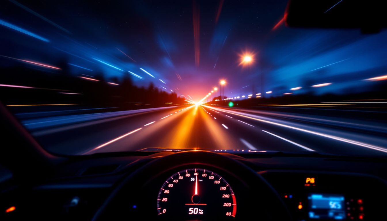 Une voiture en mouvement rapide sous un ciel étoilé.