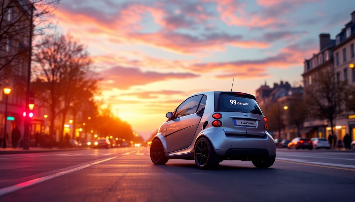 Voiture urbaine silhouette contre un ciel vibrant au coucher de soleil.