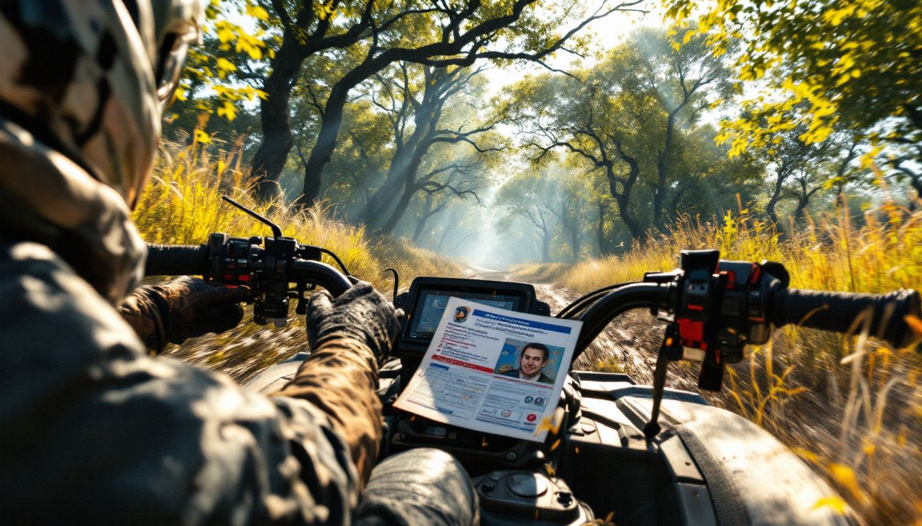 Vue du conducteur d'un quad en pleine nature, manœuvrant entre les arbres.