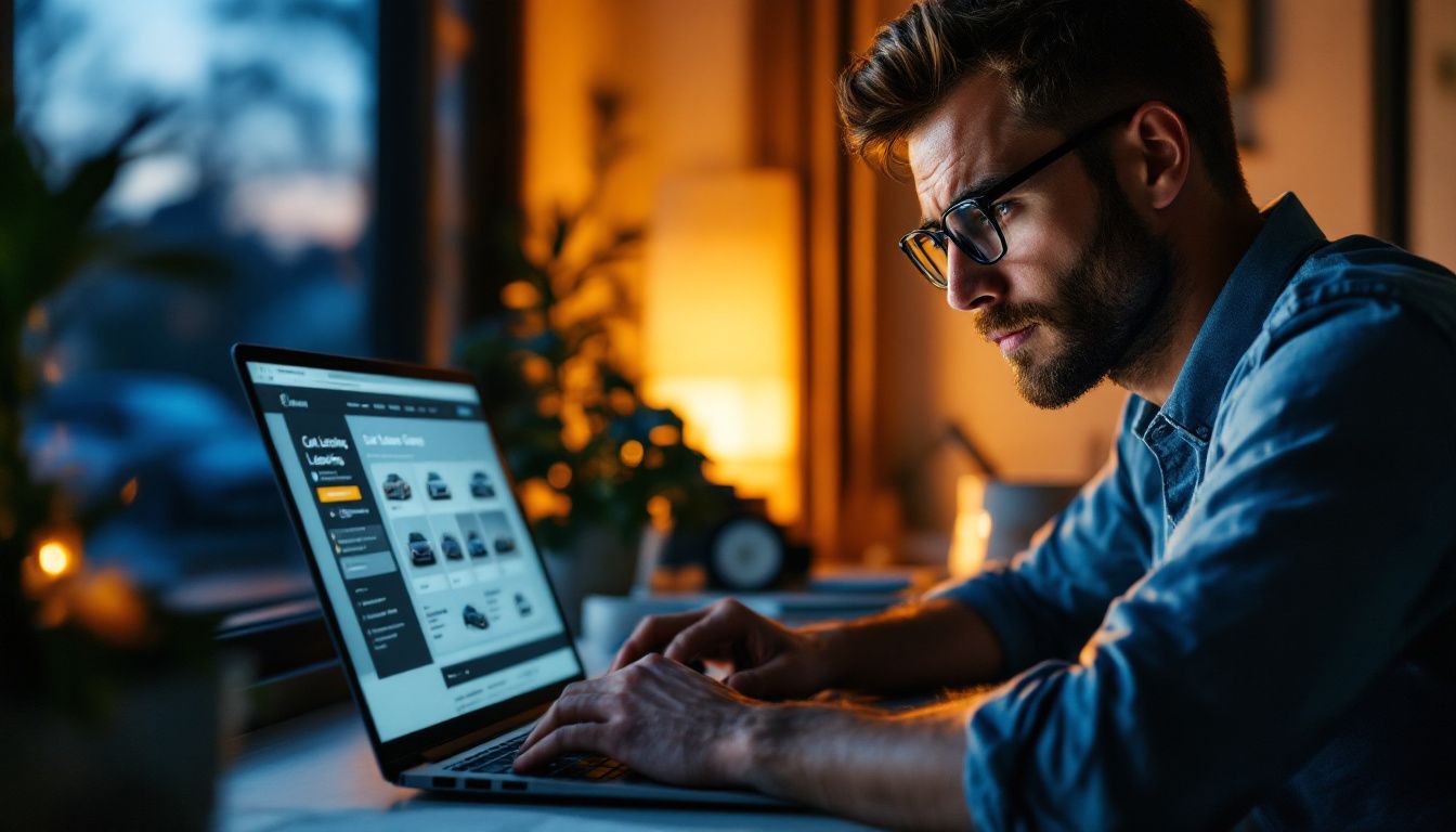 Homme perplexe devant un écran d'ordinateur affichant un site web.