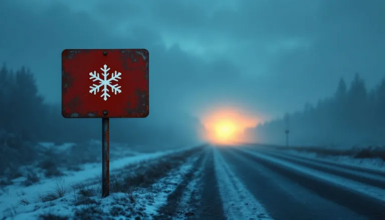 Signal hivernal émergeant d'une brume épaisse, indiquant une direction dans un paysage enneigé.