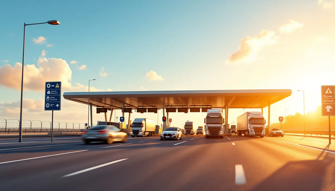 Péage avec plusieurs voies sur une autoroute au Portugal, animée de véhicules en circulation.