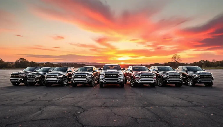 Camionnettes garées sous un ciel flamboyant de coucher de soleil.
