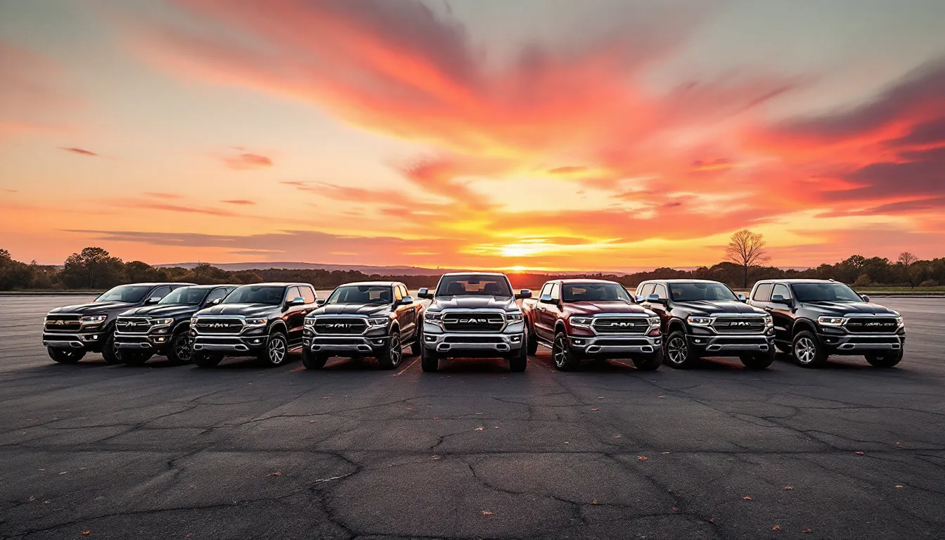 Camionnettes garées sous un ciel flamboyant de coucher de soleil.