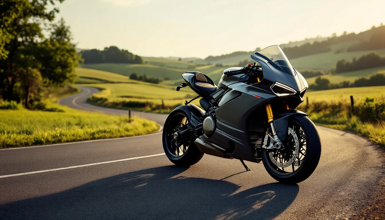 Motocyclette moderne se profilant au crépuscule dans une ambiance feutrée.