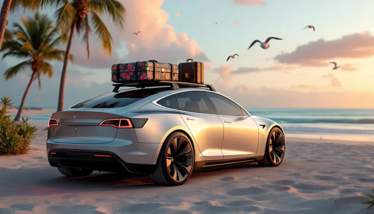 Voiture électrique silhouette au coucher de soleil avec des teintes orangées et dorées.