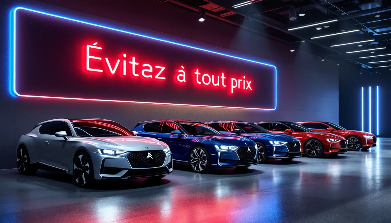 Des voitures DS5 avec un panneau d'avertissement en vue.