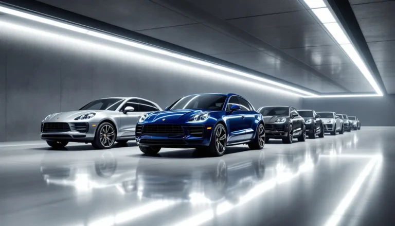 Des voitures Porsche Macan exposées dans une vitrine.