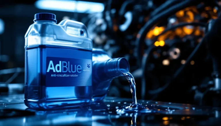 Conteneur AdBlue posé à proximité d'un moteur diesel.