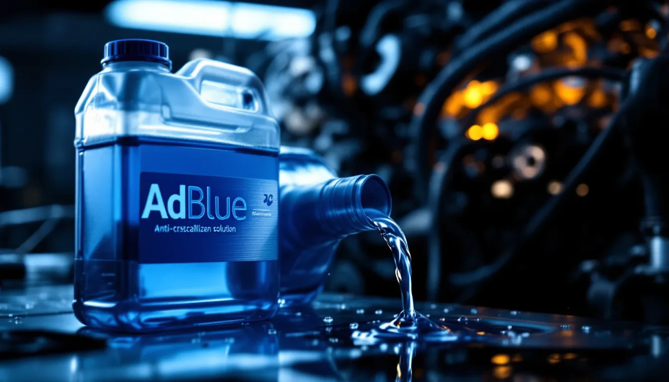 Conteneur AdBlue posé à proximité d'un moteur diesel.