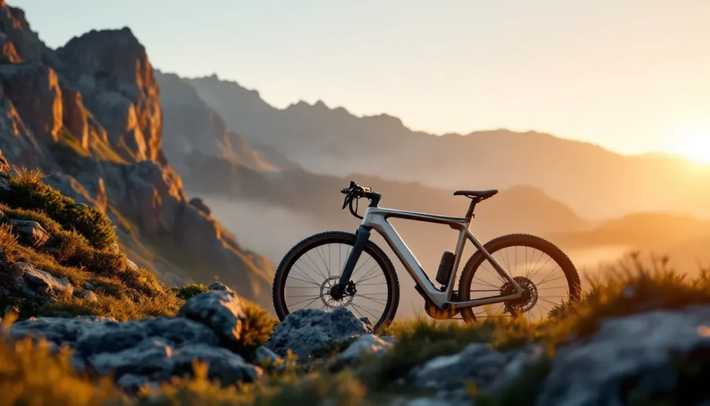 Vélo de montagne au design futuriste silhouetté par un coucher de soleil vibrant.
