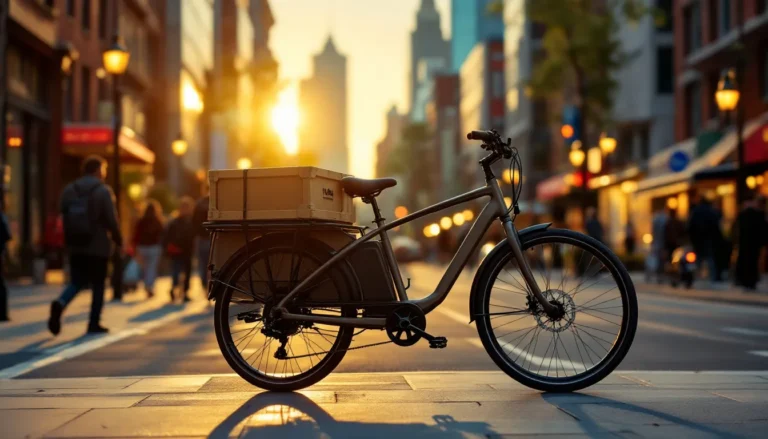 Vélo utilitaire garé dans une rue animée de la ville, entouré de piétons et de bâtiments.