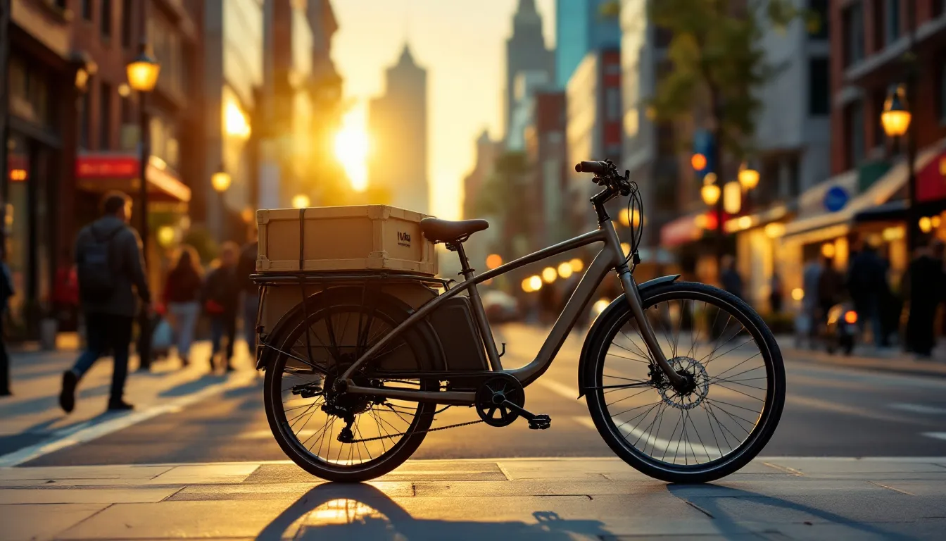 Vélo utilitaire garé dans une rue animée de la ville, entouré de piétons et de bâtiments.