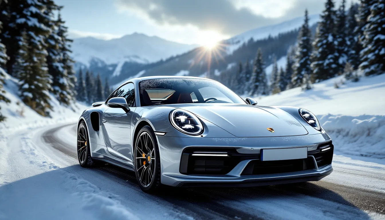 Une voiture élégante est garée sur un tapis neigeux, entourée d'un paysage hivernal paisible.