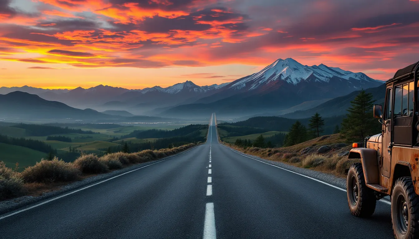 Une voiture japonaise circule sur une route s'étendant à l'infini sous un ciel dégagé.