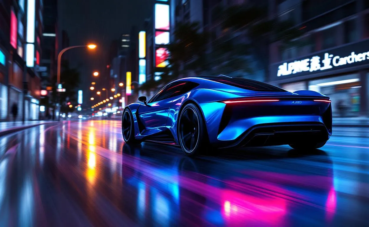 Une Alpine A290 est stationnée sous des lumières urbaines éclatantes.