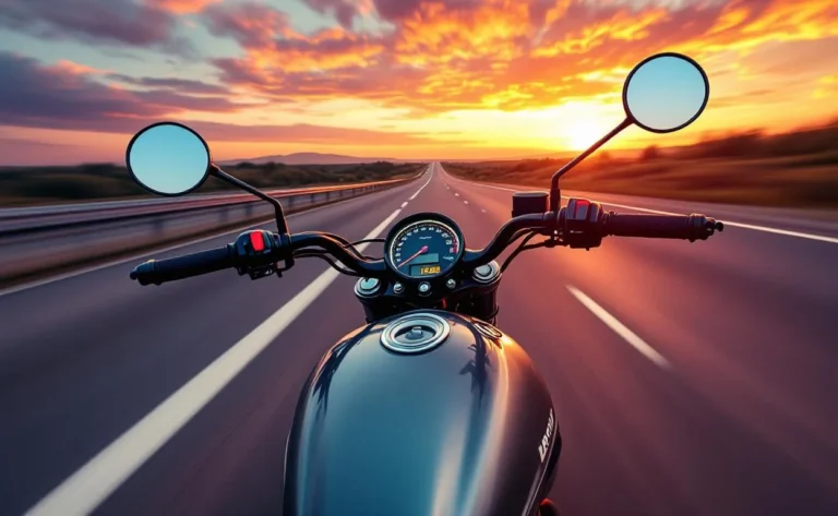 Une moto Benelli BN 125 est garée sur une route au crépuscule avec une lumière orangée à l’horizon.