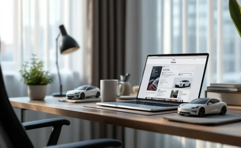Deux personnes échangent autour d’un ordinateur dans un bureau moderne avec un logo Tesla visible.