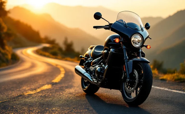 Une moto Honda Deauville stationne devant un paysage à l’aube.