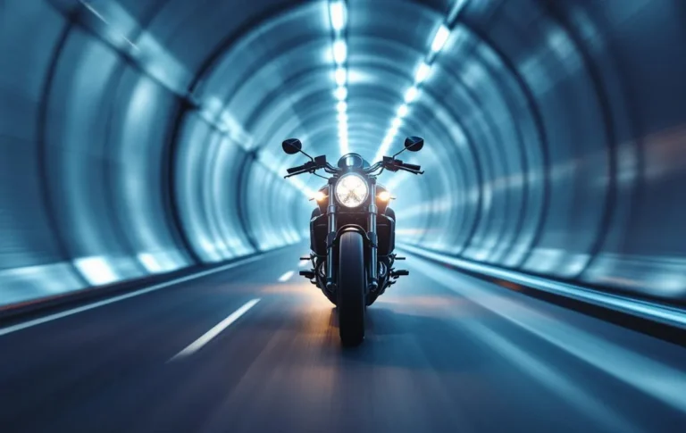 Une moto entre dans un tunnel sombre.