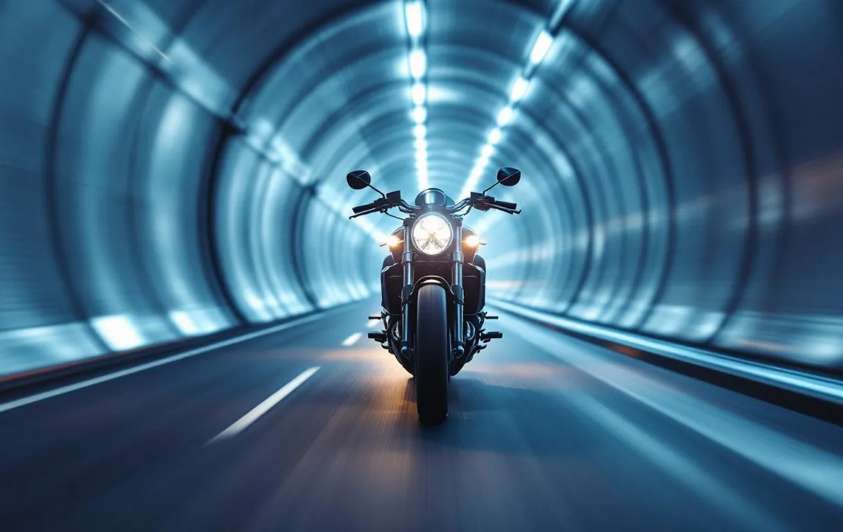 Une moto entre dans un tunnel sombre.