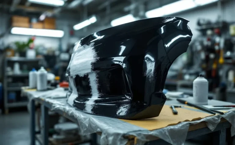 Un pare-chocs fraîchement peint repose dans un atelier de carrosserie.