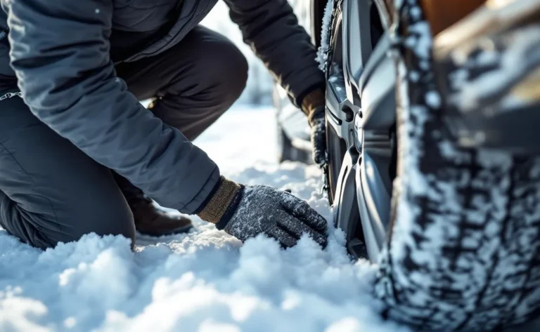 Une personne installe facilement des chaînes neige sur un pneu de voiture stationnée sur une route enneigée.
