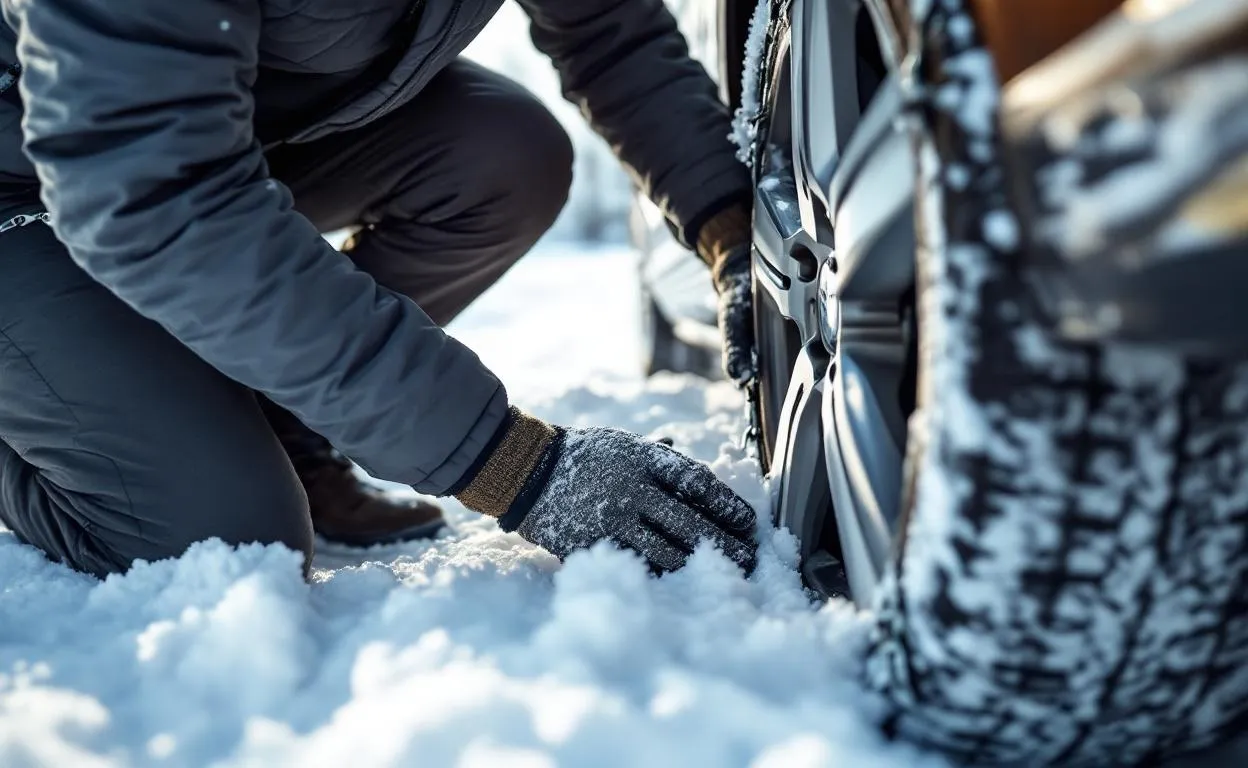 Une personne installe facilement des chaînes neige sur un pneu de voiture stationnée sur une route enneigée.