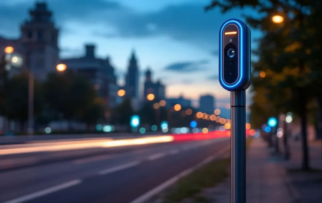 Un radar automatique Millia Gatso est installé au bord d’une route au crépuscule.