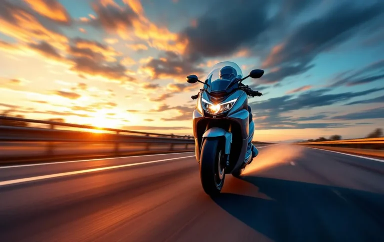 Un scooter Piaggio roule rapidement au crépuscule sur une route peu éclairée.