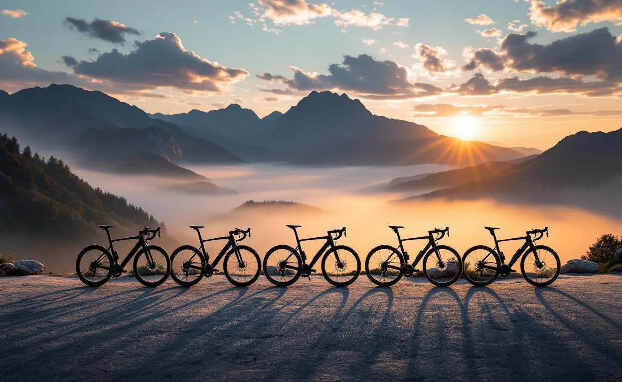 Des vélos en carbone sont posés à l’aube sur un chemin tranquille.