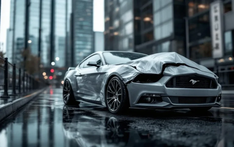 Voiture endommagée garée sous la pluie avec des traces d’humidité sur la carrosserie.