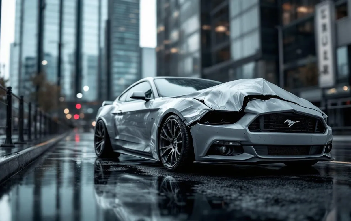 Voiture endommagée garée sous la pluie avec des traces d’humidité sur la carrosserie.