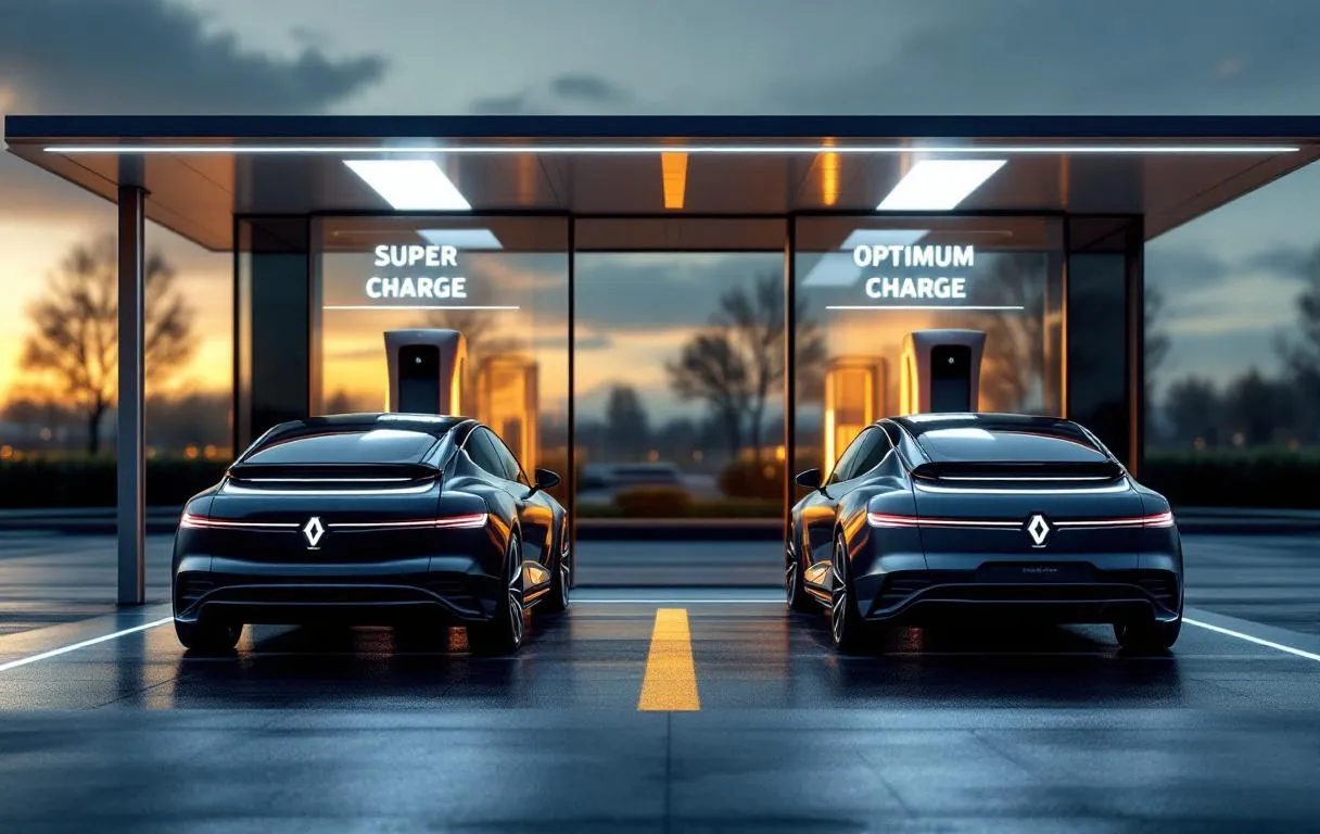 Deux voitures électriques stationnées se rechargent sous une lumière tamisée au crépuscule.