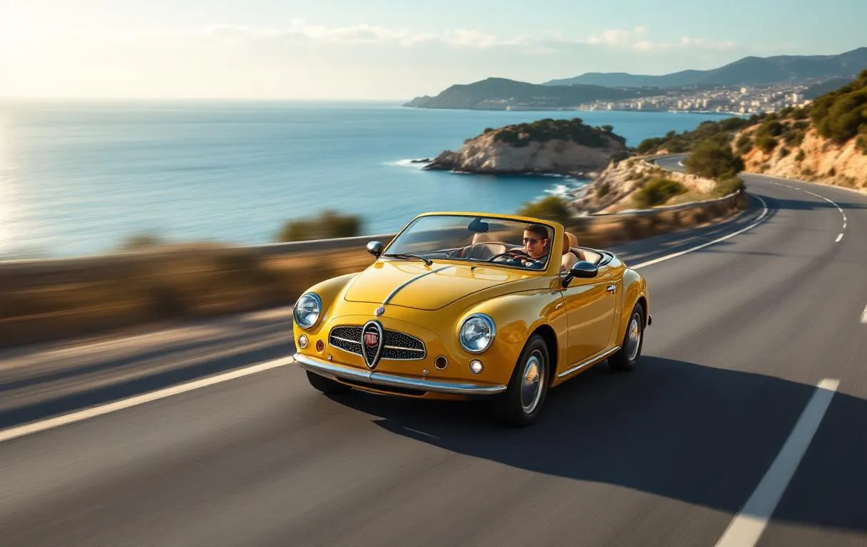 Une Fiat Topolino roule en bord de mer.
