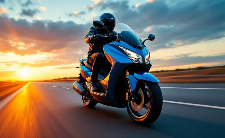 Un scooter Honda Forza roule à vive allure sur une route au crépuscule.