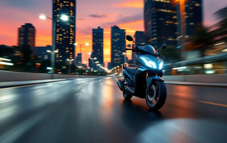 Un scooter Honda Vision 110 roule à vive allure au crépuscule sur une route urbaine.