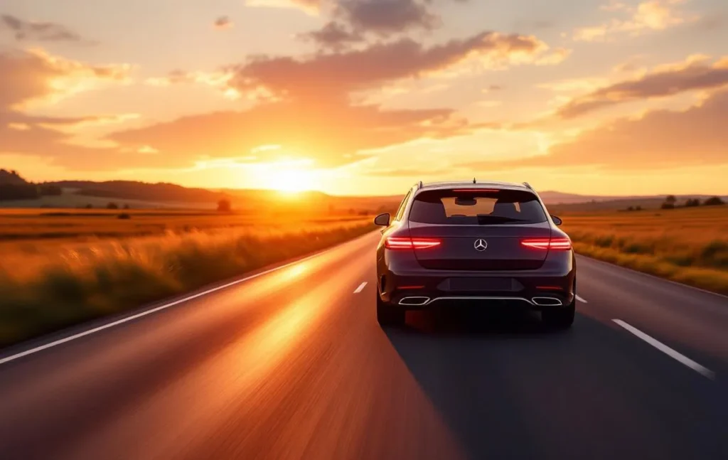 Une Mercedes Classe A est garée sur une route au crépuscule, sous un ciel coloré.