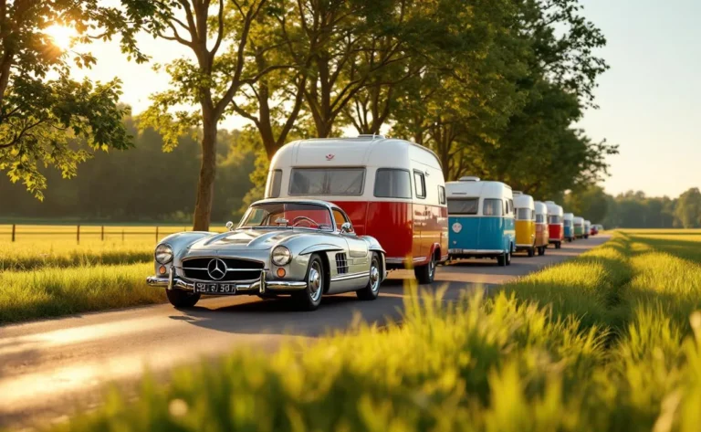 Une Mercedes est garée près de plusieurs caravanes sous un ciel crépusculaire.