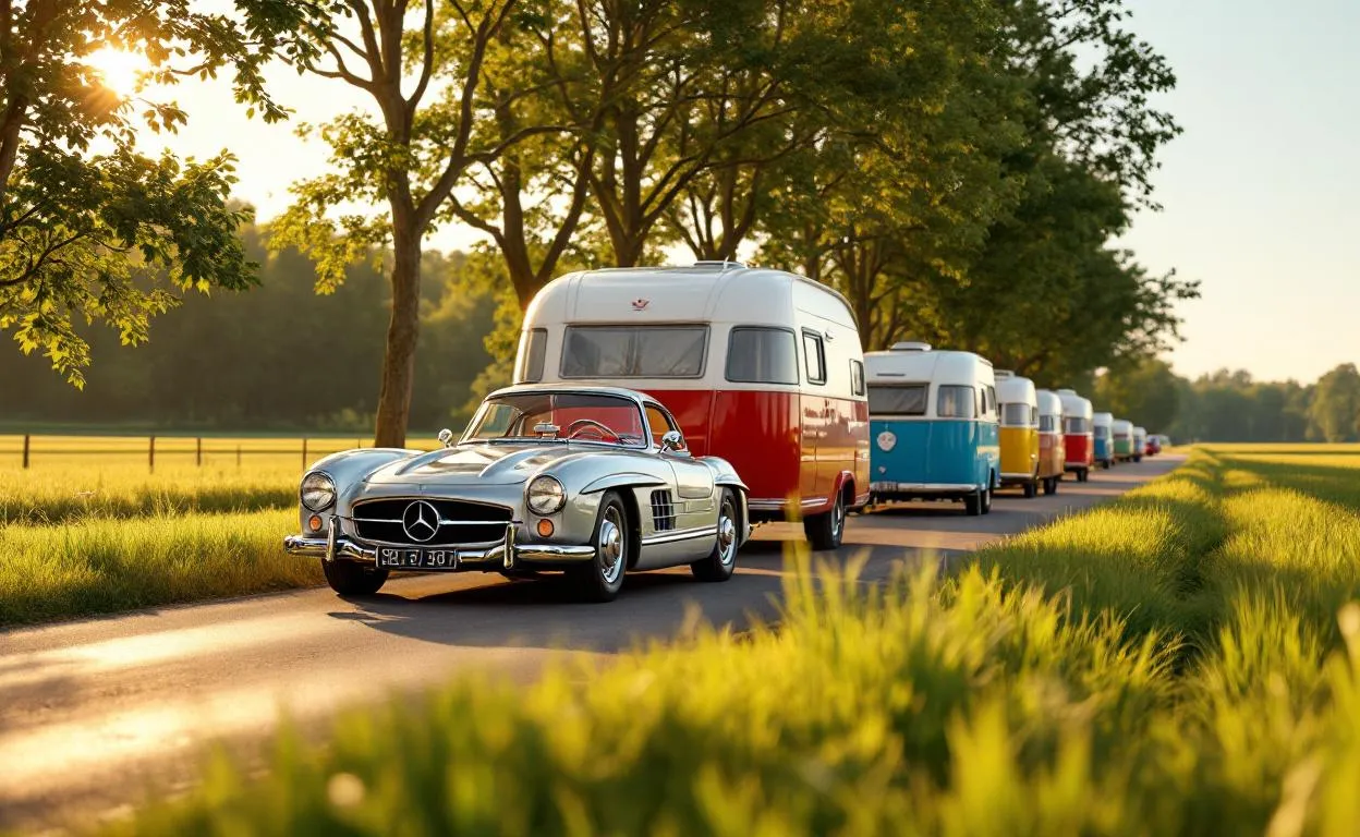 Une Mercedes est garée près de plusieurs caravanes sous un ciel crépusculaire.